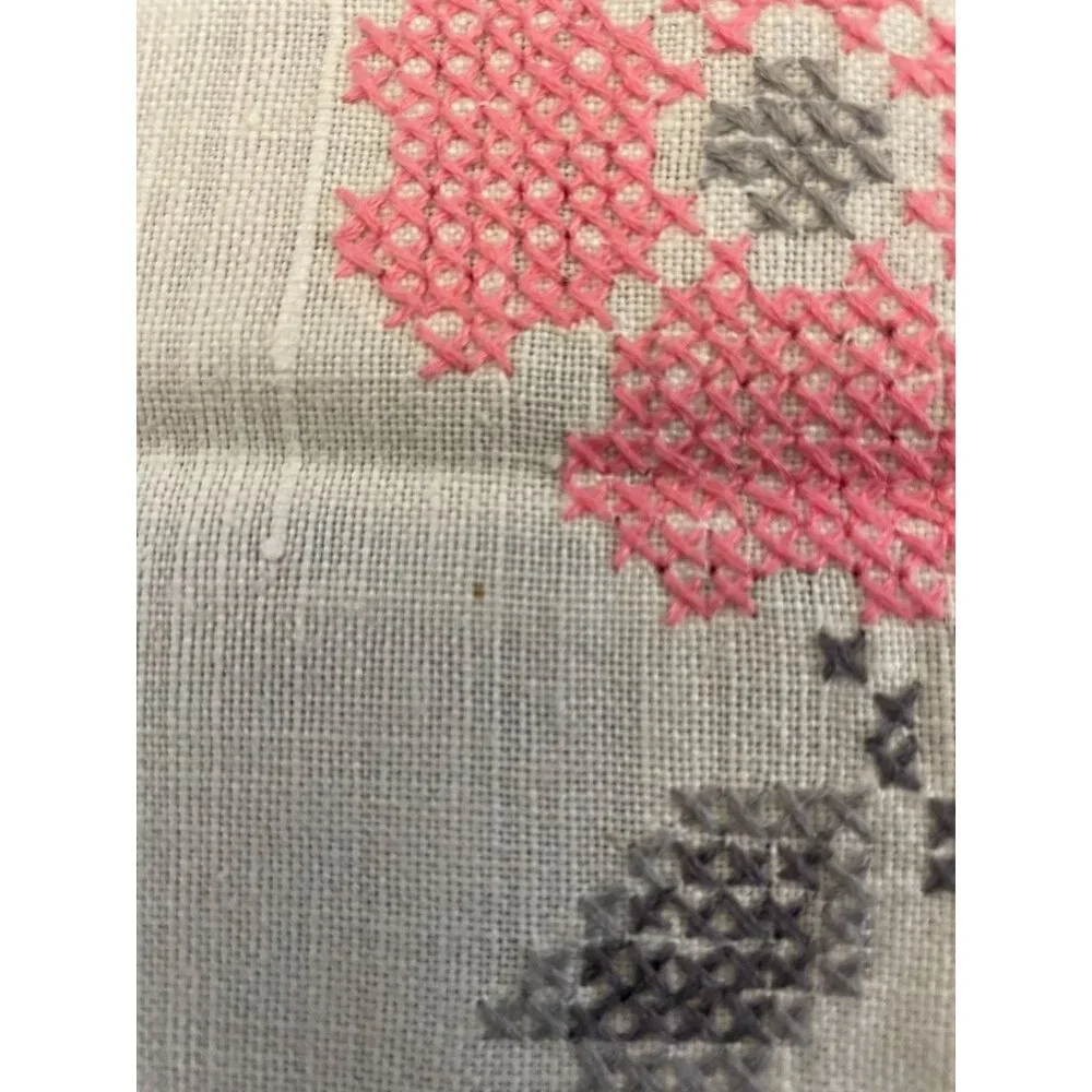 Vintage Cross Stitch Tablecloth Used Pink Gray
